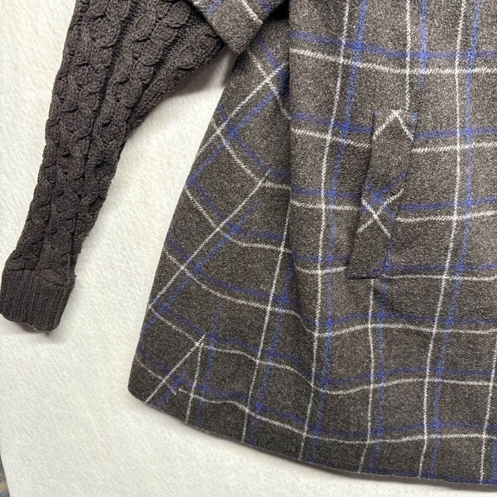 Anthropologie Idra Plaid Wool Blend Coat Cable Knit Sleeves Grey Blue Size 10 - Picture 12 of 16